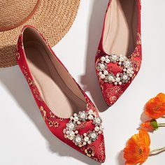 Атласные балетки со стразами и искусственными жемчугами Shein