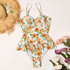Слитный купальник с принтом подсолнечник Shein