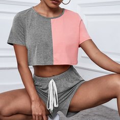 Двухцветная короткая футболка и шорты с узлом Shein