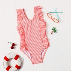 Слитный купальник в полоску для девочек Shein