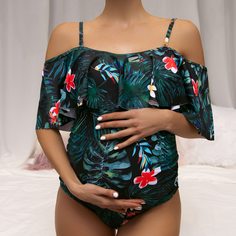 Слитный купальник с цветочным и тропическим принтом для беременных Shein