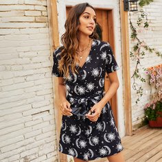 с поясом Принт Повседневный Платье Shein