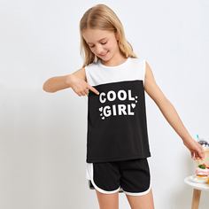 Двухцветная пижама с текстовым принтом для девочек Shein