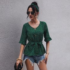 Блузка в горошек с поясом и пуговицами Shein