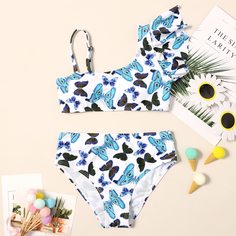 с оборками Животный милый Купальники для девочек Shein