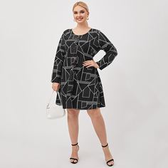 Пуговица Геометрический Повседневный Платья размер плюс Shein