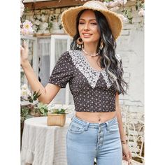 Контрастные кружева цветочный Бохо Блузы Shein