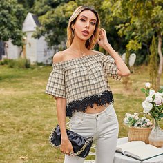 Контрастные кружева Клетчатый Бохо Блузы Shein