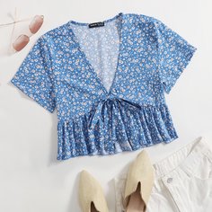 С оборками цветочный Бохо Блузы Shein