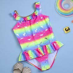 Контрастный слитный купальник с узором единорога для девочек Shein