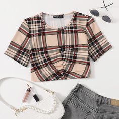 со сборками Клетчатый Повседневный Футболки Shein