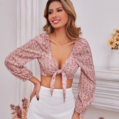 Кроп топ с цветочным принтом и узлом Shein