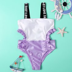 Двухцветный слитный купальник в рубчик для девочек Shein