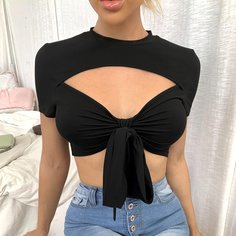 С батом перед Одноцветный Сексуальный Женские топы Shein