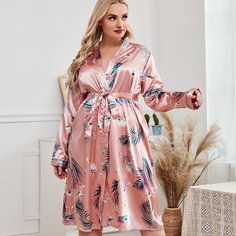 Атласный халат размера плюс с поясом и принтом журавля Shein