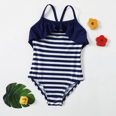 Слитный купальник в полоску для девочек Shein