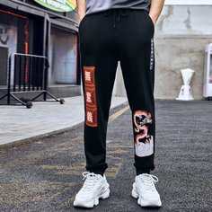 Мужские брюки на кулиске с китайским иероглифом и драконом Shein