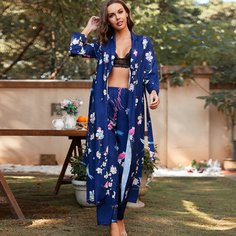 с поясом Цветочный принт Элегантный Комплект пижамы Shein