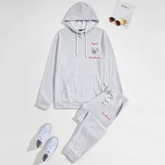Мужская толстовка и спортивные брюки с цветочной вышивкой Shein