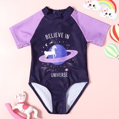 Слитный купальник с принтом единорога для девочек Shein