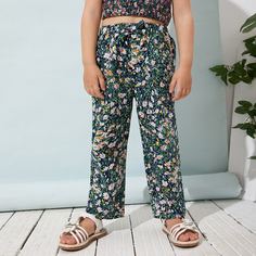 Карман Цветочный Бохо Брюки для маленьких девочек Shein