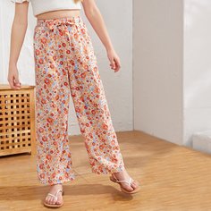 Брюки с цветочным принтом и поясом для девочек Shein