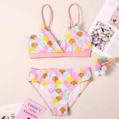принт рыбьей чешуи милый Купальники для девочек Shein