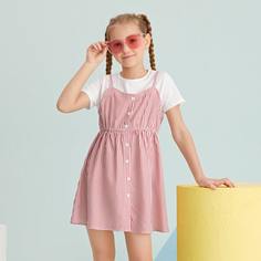 Пуговица Полосатый Повседневный Платья для девочек Shein