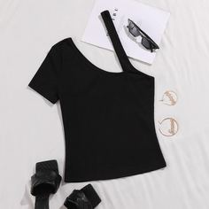 Асимметричный Одноцветный Повседневный Женские топы Shein