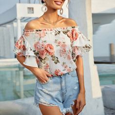 с оборками Цветочный Бохо Блузы Shein