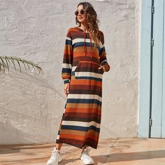 Контрастное платье в полоску на кулиске с капюшоном Shein