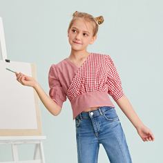 Застежка Клетка Повседневный Блузки для девочек Shein