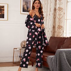 с поясом Цветочный принт Элегантный Комплект пижамы Shein