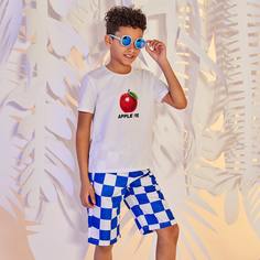 Шорты в клетку и футболка с принтом яблока для мальчиков Shein
