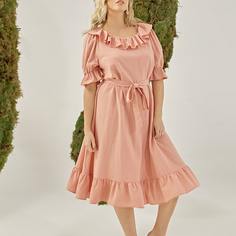 Однотонное платье размера плюс с поясом и оборкой Shein