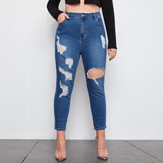 на пуговицах Одноцветный Джинсы размер плюс Shein