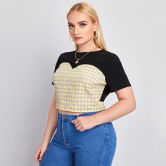 Короткий топ в клетку размера плюс Shein
