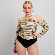 Мраморное боди размера плюс с открытыми плечами Shein