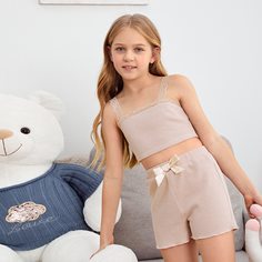 Вязаная пижама с кружевной отделкой для девочек Shein