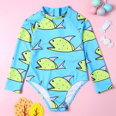 Слитный купальник с принтом рыбы для девочек Shein