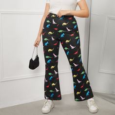 Расклешенные брюки размера плюс с эластичной талией и принтом динозавра Shein