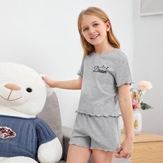 Пижама с текстовым принтом и волнистым краем для девочек Shein