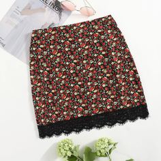 на молнии цветочный Элегантный Юбки Shein