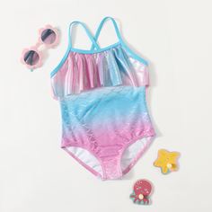 Слитный купальник с принтом рыбьей чешуи для девочек Shein