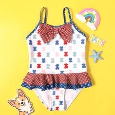 Слитный купальник в горошек с бантом для девочек Shein