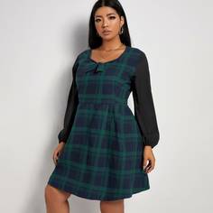 узел Клетчатый Повседневный Платья размер плюс Shein