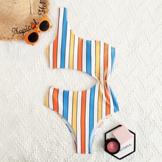 Слитный купальник в полоску на одно плечо Shein