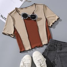 Волнистый край Контрастный цвет Повседневный Футболки Shein