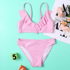 с оборками Одноцветный милый Купальники для девочек Shein