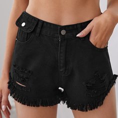 Карман Одноцветный Джинсовые шорты Shein